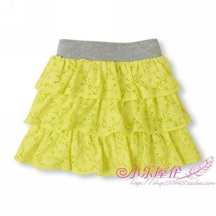 童装同步外贸松紧腰围黄绿色儿童蕾丝裙半身裙短裙蓬蓬裙