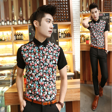 2014夏季韩版英伦短袖衬衣潮流修身型小碎花