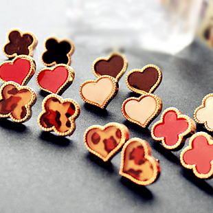  Z536 欧美饰品金边 爱心滴油 四叶草耳钉 耳环 耳饰 桃心饰品批发