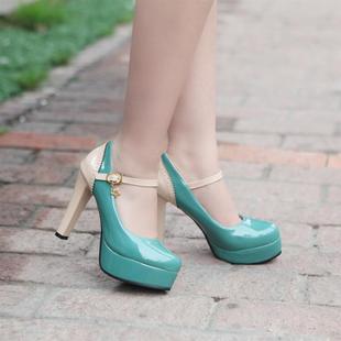 包邮新款韩版镂空烧花拼接超高跟鞋搭扣漆皮粗