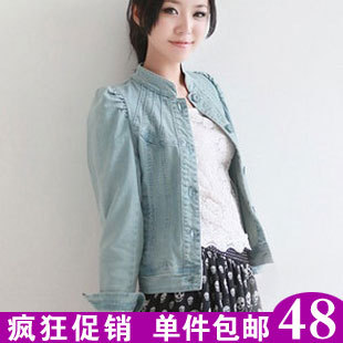  秋冬新品韩版牛仔外套 女款耸肩显瘦立领薄款短外套 牛仔上衣