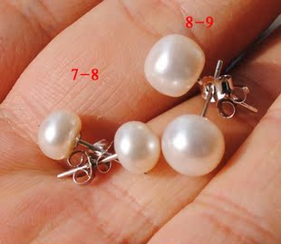  S925银镀白金天然珍珠耳钉，7-8mm/8-9mm 白色 很便宜