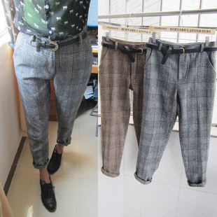  爆款！英伦复古风千鸟格粗呢料哈伦小脚裤休闲裤女大码送皮带