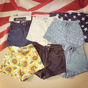 欧美新款修身<em>卷边</em>aa<em>高腰牛仔短裤女</em>夏显瘦白