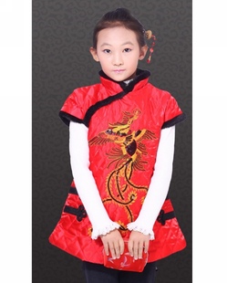 新年唐装童装 中国风女童凤凰图案 中式礼服裙