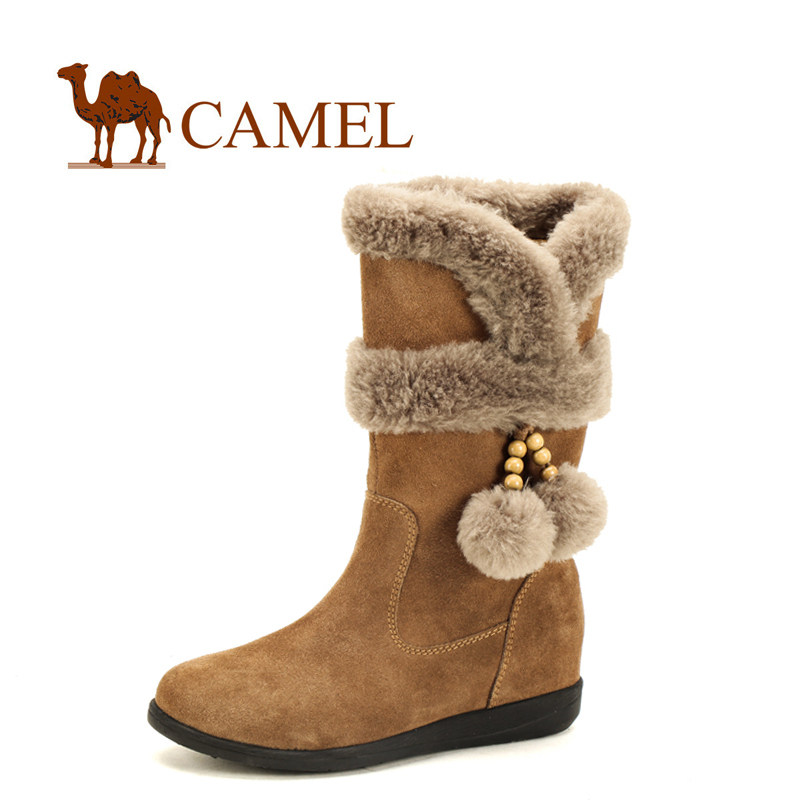 CAMEL骆驼正品女靴子新款女靴子 真皮雪地靴女高筒靴 毛毛靴清仓