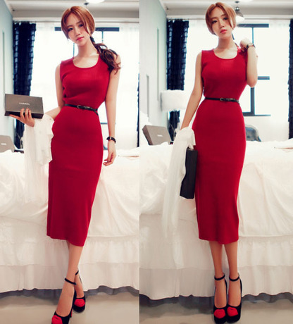 2014春夏韩国代购新品女装性感修身大红色无袖连衣裙 长裙