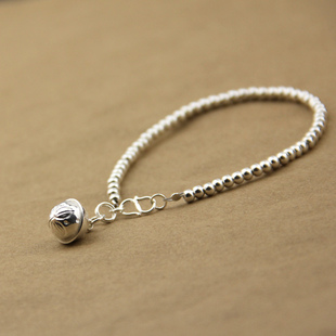  包邮 原创手工饰品首饰 女款3mm细款圆珠 莲花小铃铛 925纯银手链