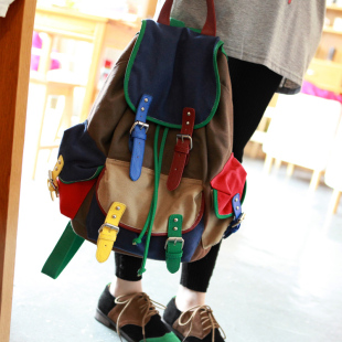  小维独家限定 撞色个性街潮女包 复古撞色皮质拼接女式双肩包背包