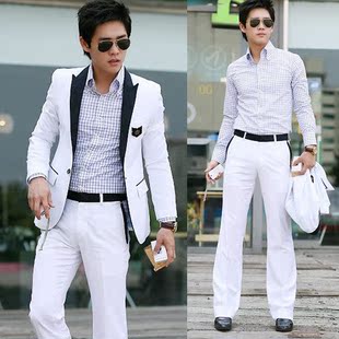  演出服 男装白色韩版西服套装歌手礼服司仪主持人服装 男礼服