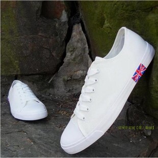  男生韩版潮鞋 情侣鞋单鞋帆布鞋男士英伦休闲鞋米字旗纯白色球鞋