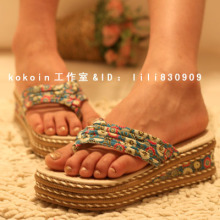 2012夏季新款罗马鞋复古碎花夹脚厚底鞋坡跟鞋人字拖凉拖鞋女鞋子