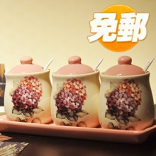 欧式田园绣球花/厨房陶瓷调味罐 调味瓶三件套装/送小勺