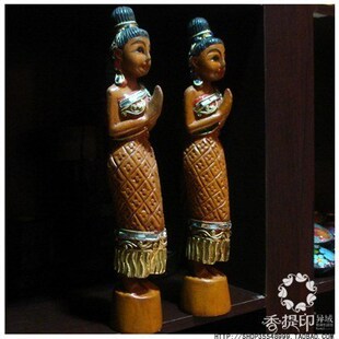 萨哇迪卡 泰国手工柚木镜片侍女迎宾小木人 东南亚家居摆件