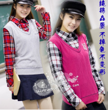 2012新款春装韩版学生装格子毛衣背心假两件套针织衫女装毛衣上衣