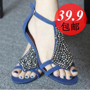  包邮 做大码手工串珠绑带露趾坡跟鞋中跟女鞋女凉鞋 罗马鞋V218