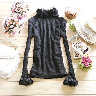  秋冬女装新款 高领蕾丝衫厚款雪纺衫 娃娃衫罩衫 打底衫上衣