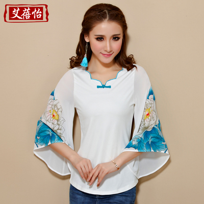 艾蓓怡 2014<em>春装新款女装 雪纺</em>印花七分喇叭袖