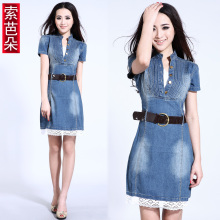 包邮2012春夏装新款女装侧拉链复古短袖牛仔裙蕾丝显瘦牛仔连衣裙