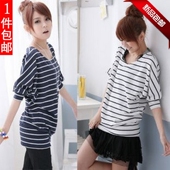Korean 包邮 special spring 2012 new women wild short-sleeved round neck striped bat shirt was thin t-shirts