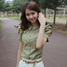 闽绣 2012 夏装 纯色 韩版修身 新款夏装荷叶短袖女衬衫 8099