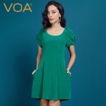 VOA 森林绿圆领花苞袖收腰侧边斜插袋重磅真丝短款连衣裙A0279图片