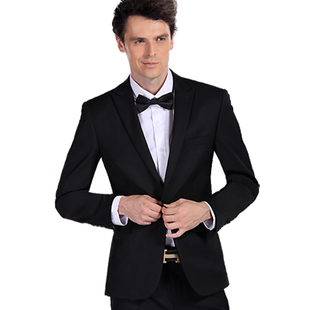  德萨尼春款西装男 韩版修身西服一粒扣剑领黑色英伦男士小西装潮