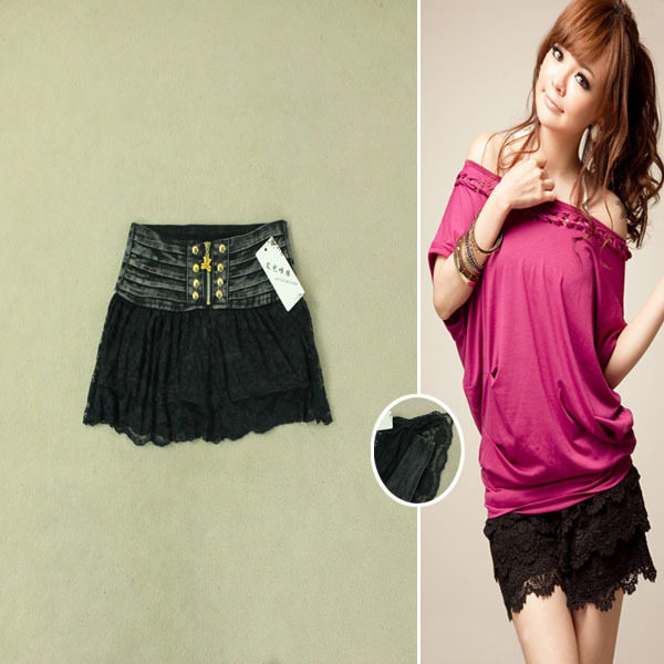 Korean metal buckle cowboy stitching sexy black lace edge culottes dark denim shorts, short shorts 185