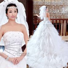 赛美羽毛抹胸镶钻韩式甜美婚纱韩版公主明星同款拖尾婚纱礼服旗袍