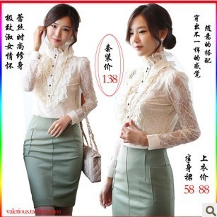  淑女装蕾丝大码时尚泡泡袖立领打底衬衣+半身裙气质职业女裙套装