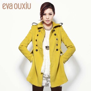  EVAOUXIU伊华欧秀冬装新品毛呢纯色翻领双排扣外套女中长款