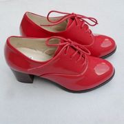 欧美布洛克鞋2023酒红漆皮女鞋中跟粗跟鞋英伦，风真皮鞋小码鞋