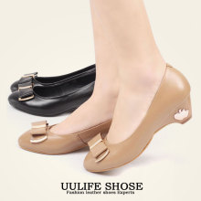 UULIFE2012春新品白领丽人牛皮真皮圆头女鞋单鞋浅口坡跟黑色裸色