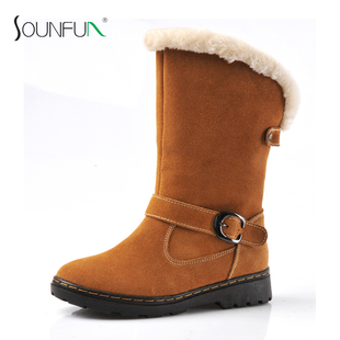  sounfun 秋冬新款真皮雪地靴 中筒靴 冬季女靴 全牛皮女靴子