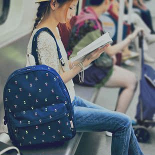  SUPER LOVER日单学院风深蓝小碎花休闲包双肩包学生书包背包女110