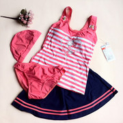 华黛思品牌甜美粉色，海军条纹女分体裙式三件套学生装泳衣