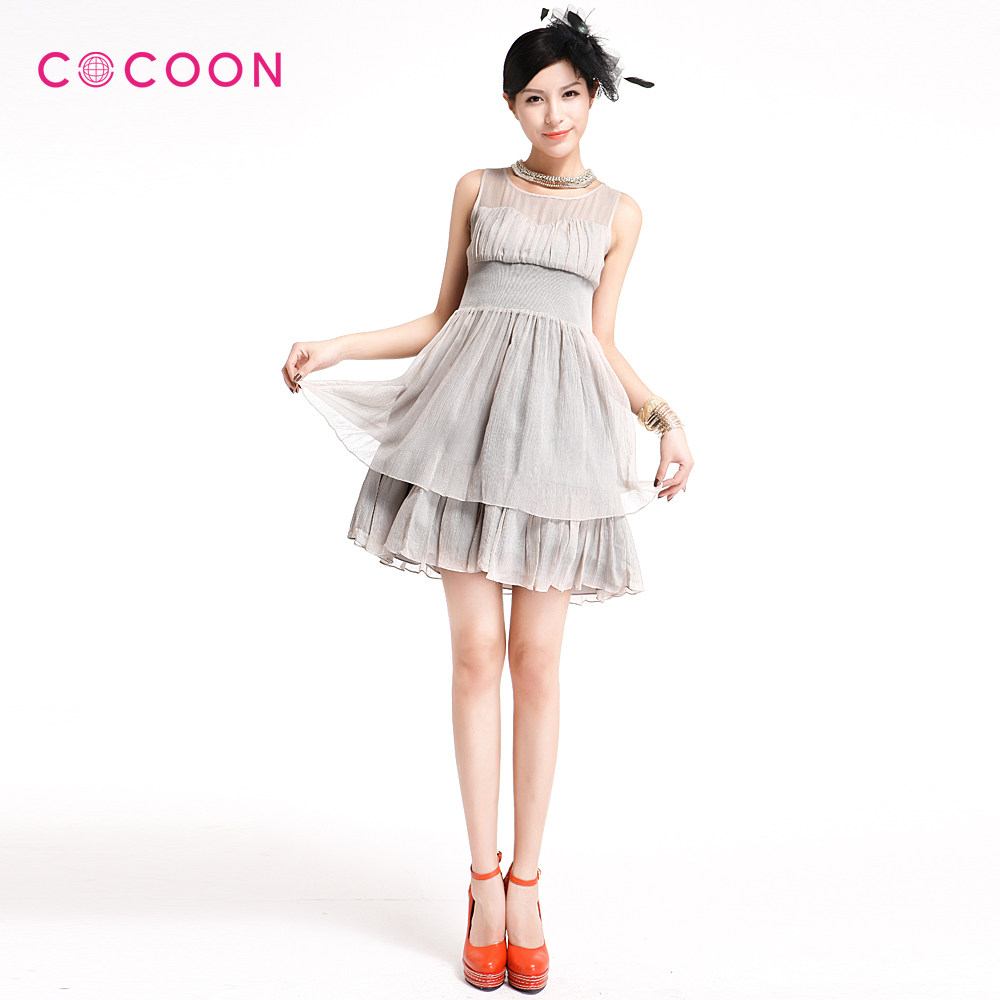 COCOON可可尼2012新品透视高腰A字圆领抹胸连衣裙212302081