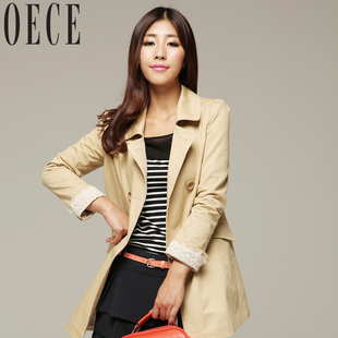  OECE 新款蕾丝拼接春秋外套 翻领泡泡袖双排扣 中长款风衣