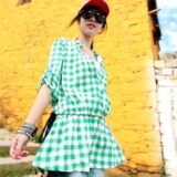 as安都2011冬新款女装 格纹半开襟抽绳假两件套中袖衬衫9101268