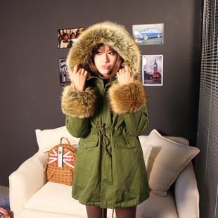  Fashionline冬大衣新款加厚仿貉子毛领棉衣牛仔工装棉服长外套女