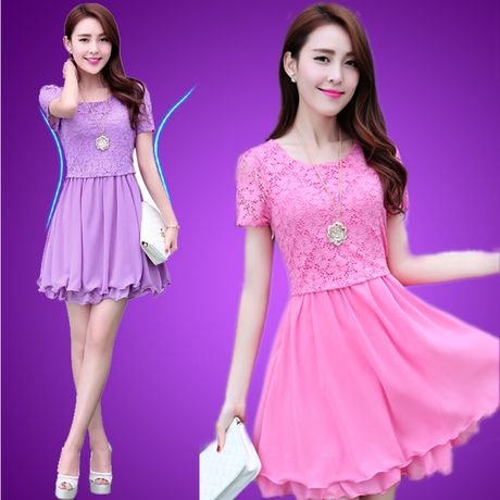2014<em>夏装</em>蕾丝雪纺女装<em>连衣裙</em>短袖夏季最新女