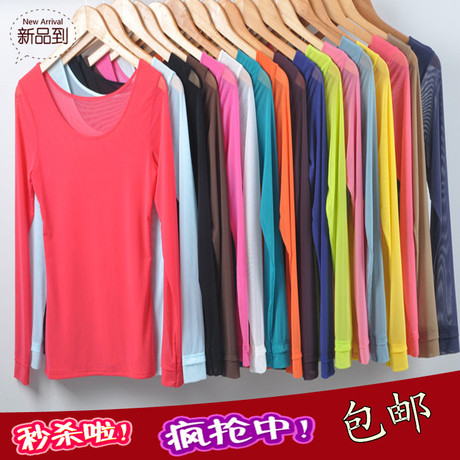 春装新款2014超薄低领打底衫高领双层网纱上