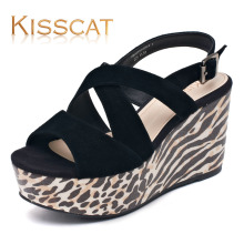 Kiss cat接吻猫2012年正品女鞋夏季羊绒豹纹厚底凉鞋EK22351-05LA