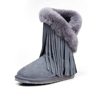  雪地靴流苏女正品koolaburra冬真皮中筒雪地靴 皮毛一体清仓