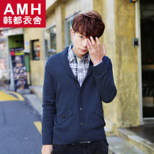  AMH男装韩国春装新款韩版男士纯色V领长袖针织衫QU翎伍