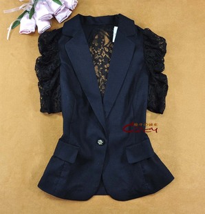 2013夏装新品 女装紫碧萝雷丝亚麻相拼短袖西