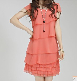 韩版女夏装中长款短袖，显瘦多层层蛋糕裙荷叶，边雪纺衫连衣裙子