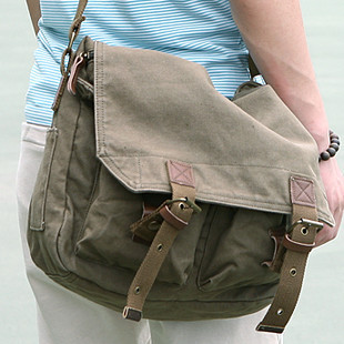 男单肩包休闲包帆布包，美式邮差包潮牌男士，斜挎背包书包绿色斜垮包