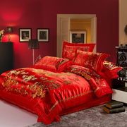龙凤百子图婚庆，用床品大红色结婚四件套，绸缎床单被套床上用品