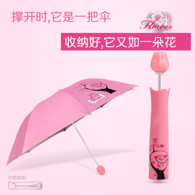 标题优化:创意玫瑰花瓶晴雨伞礼品伞 便携折叠遮阳伞8骨太阳伞男女防紫外线